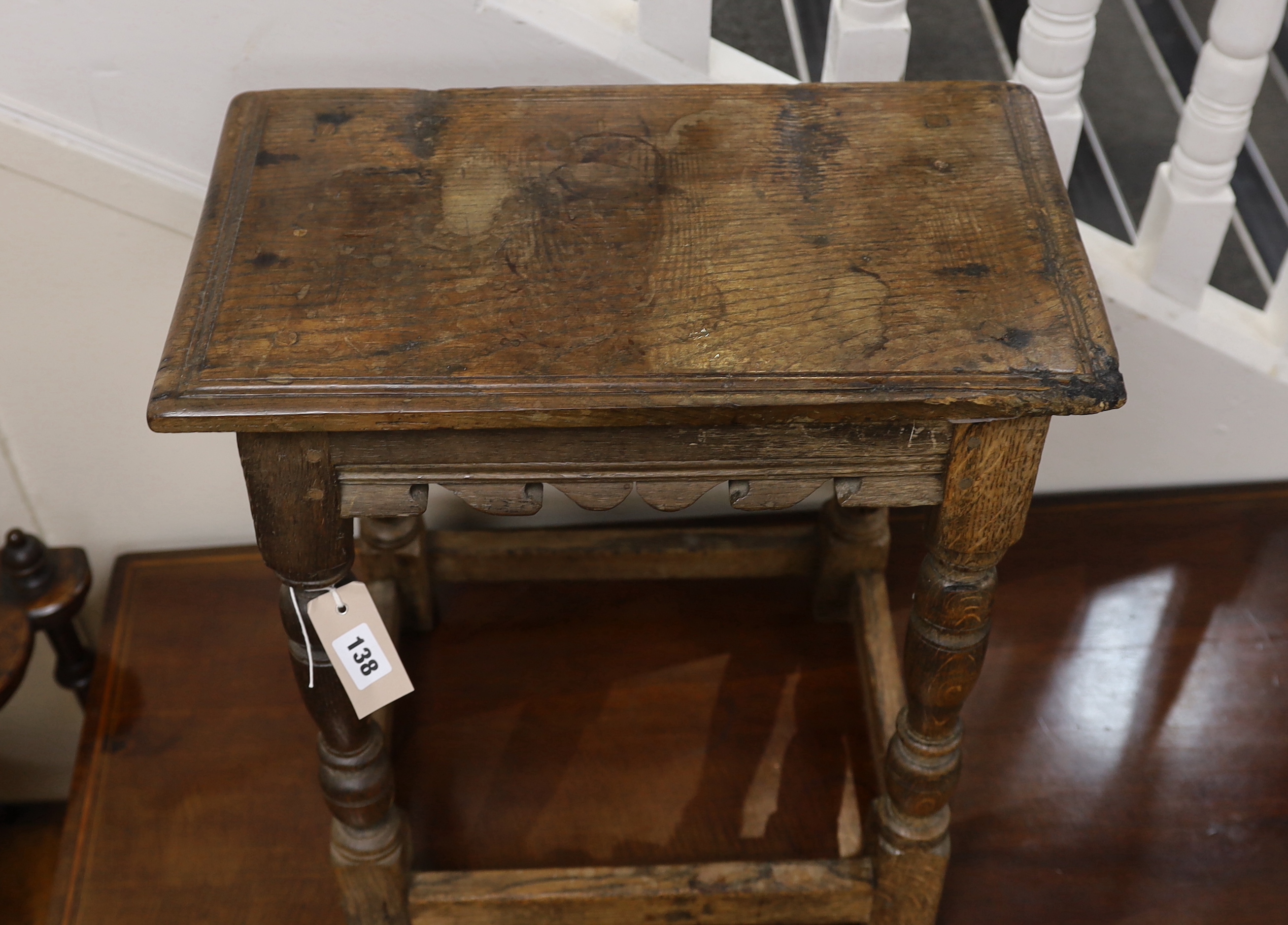 An 18th century style oak joint stool, width 47cm, depth 26cm, height 54cm